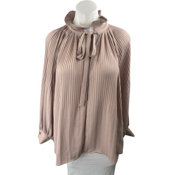 Ku's Women's Brown Tan Pleated Tie Neck Ruffle Collar Long Sleeve Blouse Top L - Picture 1 of 4